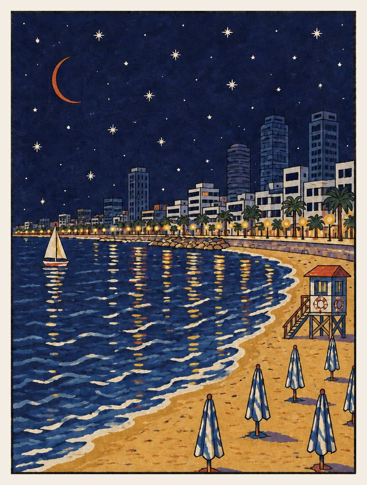 ציור: לילה בים, חלון אחד דולק